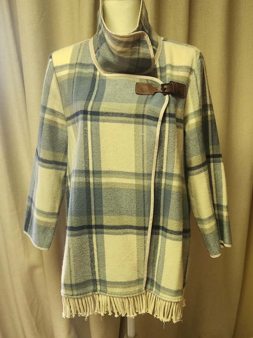 Multiples Blue and Cream Plaid Fringe Jacket with Toggle
